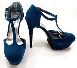 Anne Michelle Shoes Suede Super Hot T-Strap D'orsay Heels Blue Size 7.5