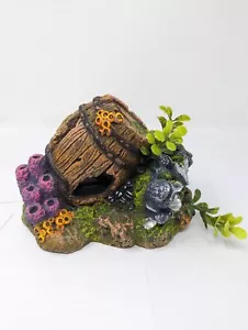 Aquarium Ornament Barrel With Coral and Plastic Plants Bubber "6in New - Picture 1 of 9