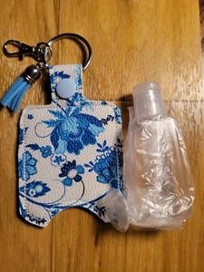 Handmade Hand Sanitation Holder Bottle Key Chain Ring Fob Blue Floral - Picture 1 of 3