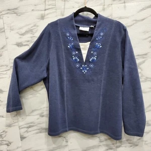 Studio Works Top Women Plus Size 2X Blue Floral Embroidered V Neck Heavyweight - Picture 1 of 10