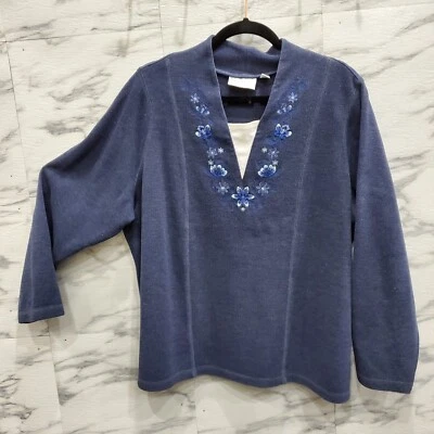 Studio Works Top Women Plus Size 2X Blue Floral Embroidered V Neck Heavyweight - Image 1 of 4