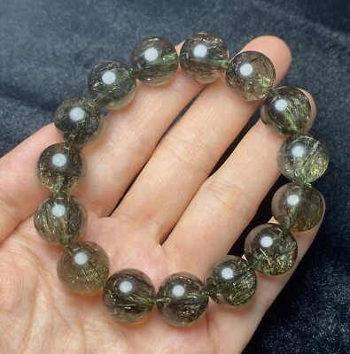 Natural Green Tourmaline Rutilated Quartz Crystal Beads Bracelet 14.3mm - Image 1 of 4