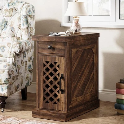 Farmhouse End Table, Rustic Small Side Table with Drawer for Living Room, Brown - Image 1 of 4
