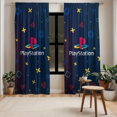 Cortina PlayStation Gamer Habitación Decoración Azul Retro Logo Juego Tema Ventana Panel Foto 1 de 4