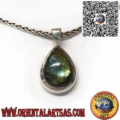 Ciondolo in argento  925 con Labradorite Naturale a Goccia – Bordo Semplice e Sp - Immagine 1 di 4