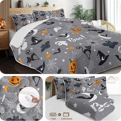 3PCS Duvet Cover Set Gray Halloween Pumpkin Bat Quilt Coverlet for All Seasons - Image 1 of 4
