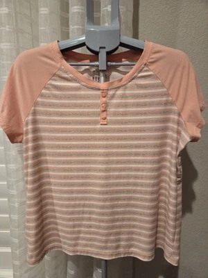 MUK LUKS 睡衣上衣女式 XL 桃色灰色条纹短袖衬衫柔软  — 第 1/4 张图片