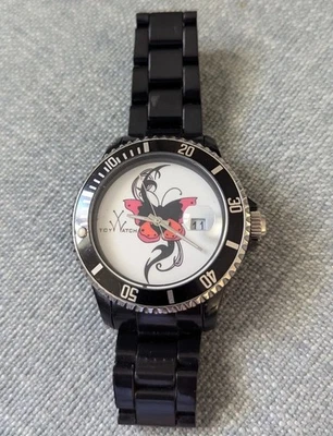 Relógio brinquedo pulseira preta tatuagem borboleta data feminina moldura de aço inoxidável - Imagem 1 de 4