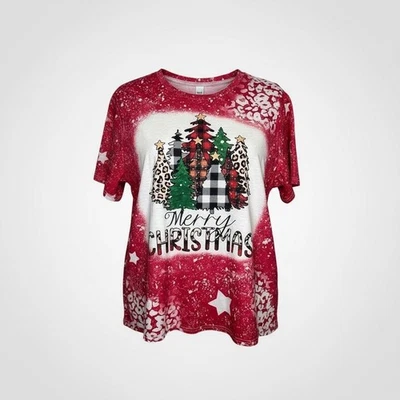 Merry Christmas Bleached T Shirt Red Trees Buffalo Plaid Leopard Women Size 2XL - Image 1 of 4