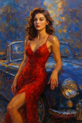 Original Valentinarte Oil Painting  Woman Beauty Red Dress Classic Car Handmade — 第 1/4 张图片
