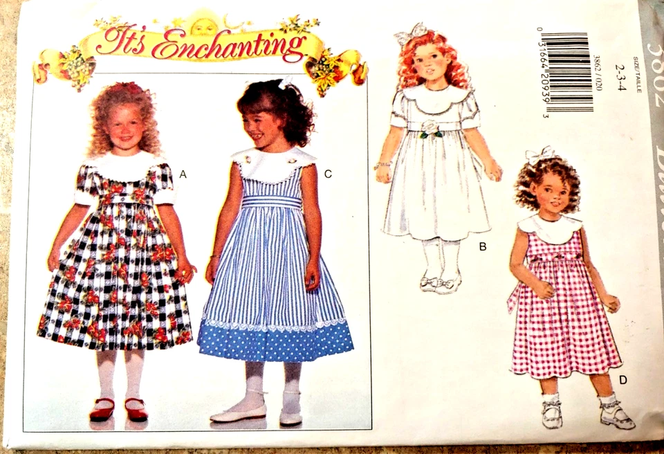 New Uncut BUTTERICK 3862 Toddlers/Girls Dress & Belt in 4-styles Sizes 2-3-4 - Image 1 of 4