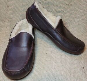 Men's UGG Australia Ascot Brown Leather Sheepskin Slippers Size 9 EEE