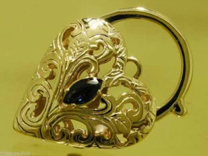 K012 LARGE Genuine 9K Gold NATURAL Sapphire Filigree Heart PADLOCK Clasp Pendant - Picture 1 of 6