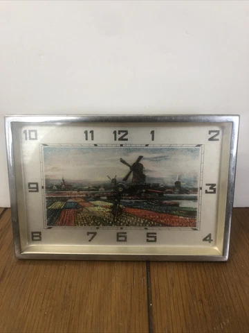 ANTIQUE VINTAGE PAINTED DUTCH WINDMILL WIND-UP CLOCK 6” Cover