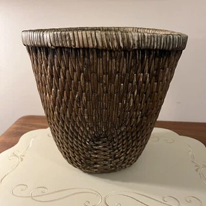 Old Chinese Basket Willow River Reed Woven 10.5"x11"x9" Brown Wastebasket - Picture 1 of 24