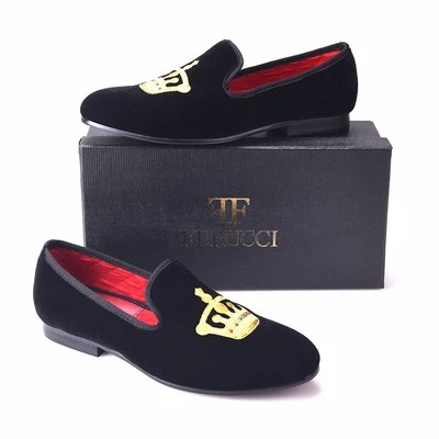 Handmade FERUCCI Men Black Velvet Slippers loafers with Gold Crown
