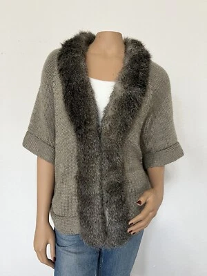 Alberto Makali Wool Blend Cape Cardigan Shawl Sweater Faux Fur Collar Size M - Image 1 of 4