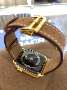 Brown Leather Band 44mm 24k Gold Plated Deplo Buckle Fits Any Series Apple Watch - Picture 1 of 6