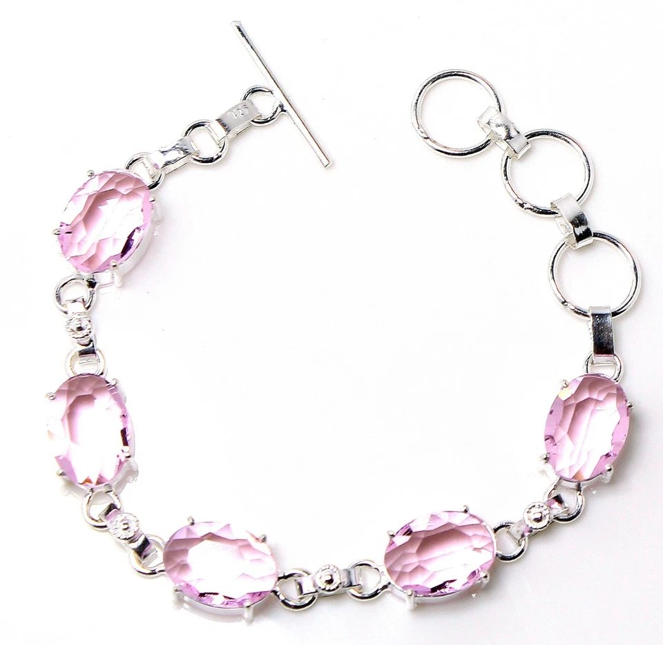 Pink Kunzite Gemstone 925 Sterling Silver Handmade Jewelry Bracelet Sz 7-8" - Image 1 of 1