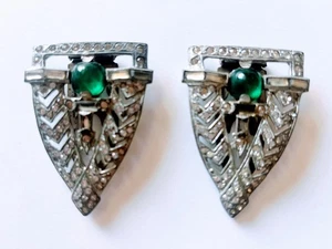 Pair Antique Vintage Sparkly Large Triangle Rhinestone & Emerald Shoe Clips - Picture 1 of 13