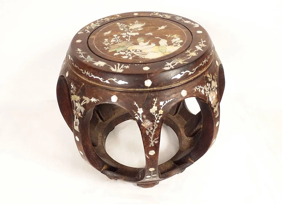Petite sellette tabouret bois incrustation nacre fleurs oiseaux Vietnam 19è - Photo 1/1