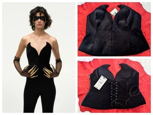 NWT $109 New ZARA Lush L-XL Side Zip Jet Black Velvet Bat Wing Corset - Picture 1 of 15
