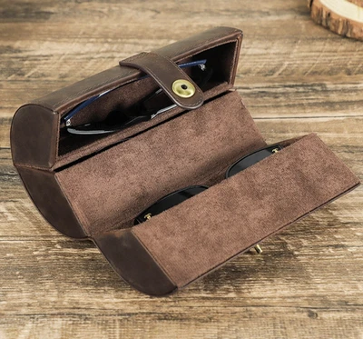 Retro Sunglasses Case Leather 3 Slots Eyeglasses Storage Box Portable Holder - Image 1 of 4