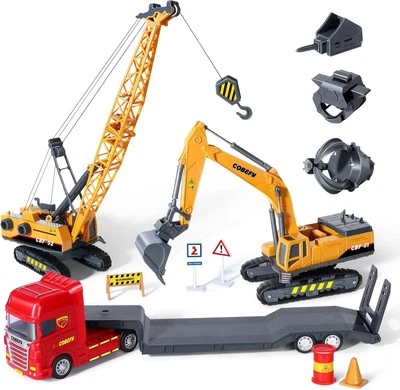 Kids Construction Toys for Boys, Excavator and Crane Trucks, Semi Truck Trailer - Image 1 of 4