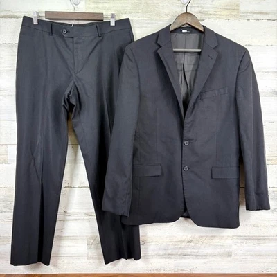EGARA Mens Slim Fit Wool Blend Micro Black Striped 2 Piece Suit 42R 34x30 Pants - Image 1 of 4