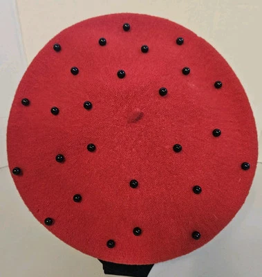 Vintage Womens Beret One Size Caps Red W/Black Beads 100% Wool - Image 1 of 3