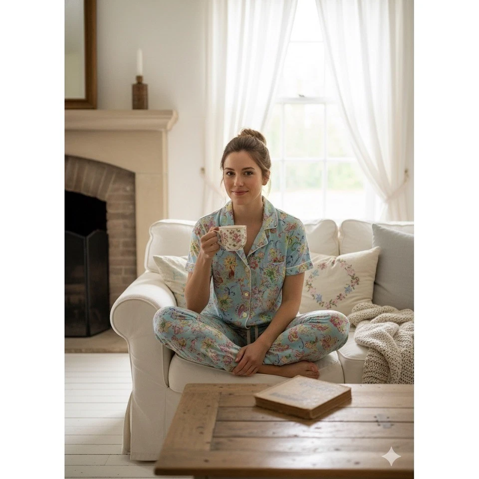 Lauren Ralph Lauren женщин пижамы комплект M цветочный 2 изделия кнопка Топ брюки синий - Изображение 1 из 4