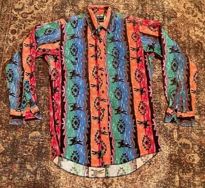 VINTAGE Wrangler Button Up Large Southwestern Aztec Brushpopper Cowboy Cut 90s - Picture 1 of 9