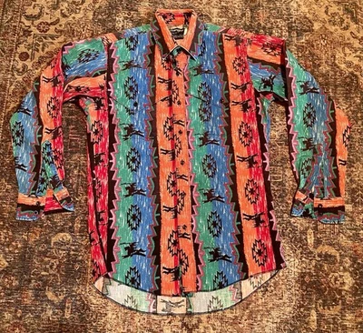 VINTAGE Wrangler Button Up Large Southwestern Aztec Brushpopper Cowboy Cut 90s - Image 1 of 4