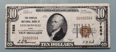 1929 Ten Dollar National Currency $10 Banknote - 7688 Steubenville Ohio #96323 - Image 1 of 2