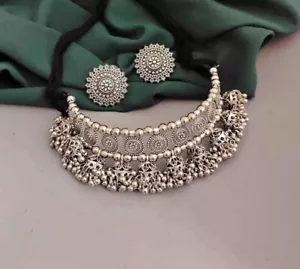 Indian Traditional Choker Silver Oxidized Necklace & Jhumka Jewelry Set - Picture 1 of 1