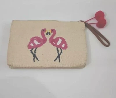 Old Navy Woven Faux Straw 100% Paper Flamingo Pink Pom Pom  Clutch Bag Purse B63 - Image 1 of 4