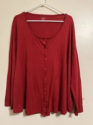 Flax Cotton Lightweight Top Women’s 1G/ 18-20 Red Button Front Long Sleeve USA - Image 1 of 4