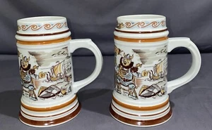 2 German Beer Stein Mugs Freiberger Porzellan - Made In GDR - The Vikings -850ml - Picture 1 of 8