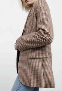 ZARA WOMAN SMALL PLAID CHECK BLAZER BLACK RED CAMEL JACKET - Picture 1 of 11