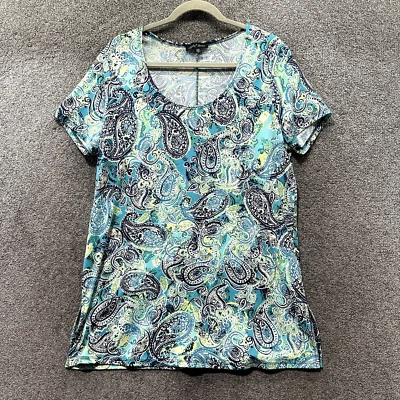 Slinky Brand Blouse Top Womens Large Blue Paisley Short Sleeve Scoop Neck - Image 1 of 4