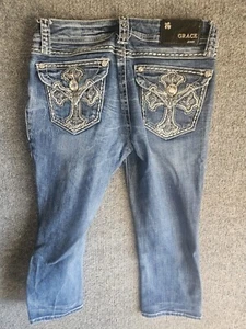 Grace in LA Girls Youth 5/26 Embellished Jeweled Cross Distressed Blue Jeans - Picture 1 of 8