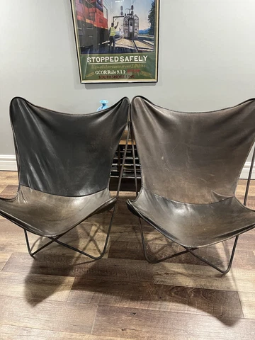 VINTAGE MCM Butterfly Sling Chair Frame Wrought Iron Genuine Leather lot of 2 Cover