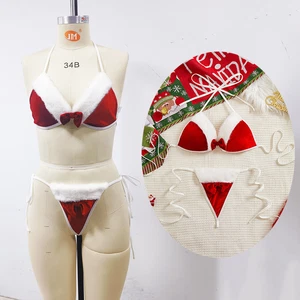  Womens Red Sexy Mrs Santa Claus Costume Christmas Lingerie Halter Bra Panty Set - Picture 1 of 11