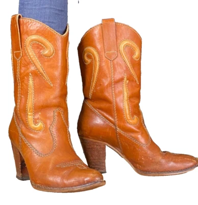 Botas vaqueras vintage años 70, marrón cuero genuino vaquero tacón madera boho 7 7.5 Foto 1 de 4