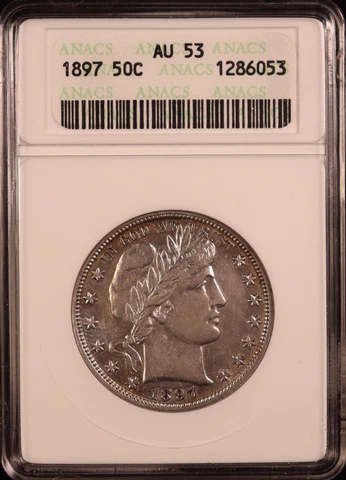 1897-P Barber Half Dollar - Old ANACS AU53 - Very Attractive Eye Appeal! PQ Cover