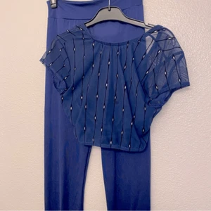 Kelle dance 2 piece blue mesh flocked crop top leggings pants light switch MA - Picture 1 of 13