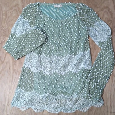 NUEVO Vestido Boho Altar'd State Para Mujer Pequeño Encaje Top y Manga Verde Blanco Lunares Foto 1 de 4