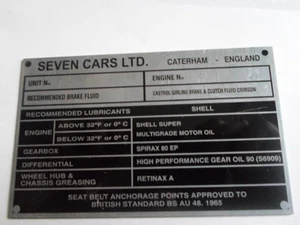 Nameplate Caterham Seven Cars Ltd. 7 Day Sign ID-Plate Plaque S36 - Picture 1 of 1