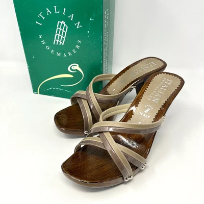 Zapatero Italiano Mujer Napa Piedra/Marrón Corte Tacón Sandalia Italia Talla 9 Caja Foto 1 de 4