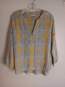 Prana Plaid Popover Blouse Top Sz Medium Yellow / Grey - Picture 1 of 3